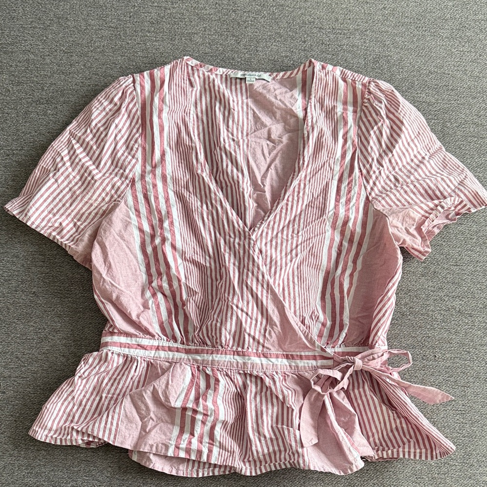 Madewell Pink Striped Wrapped Peplum Top